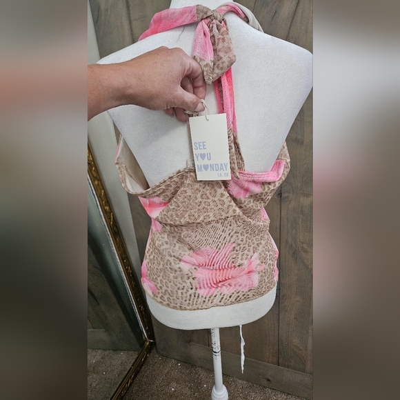 SEE YOU MONDAY Mesh Pink Floral Leopard Print Halter Top. Size XL NWT - Picture 11 of 12